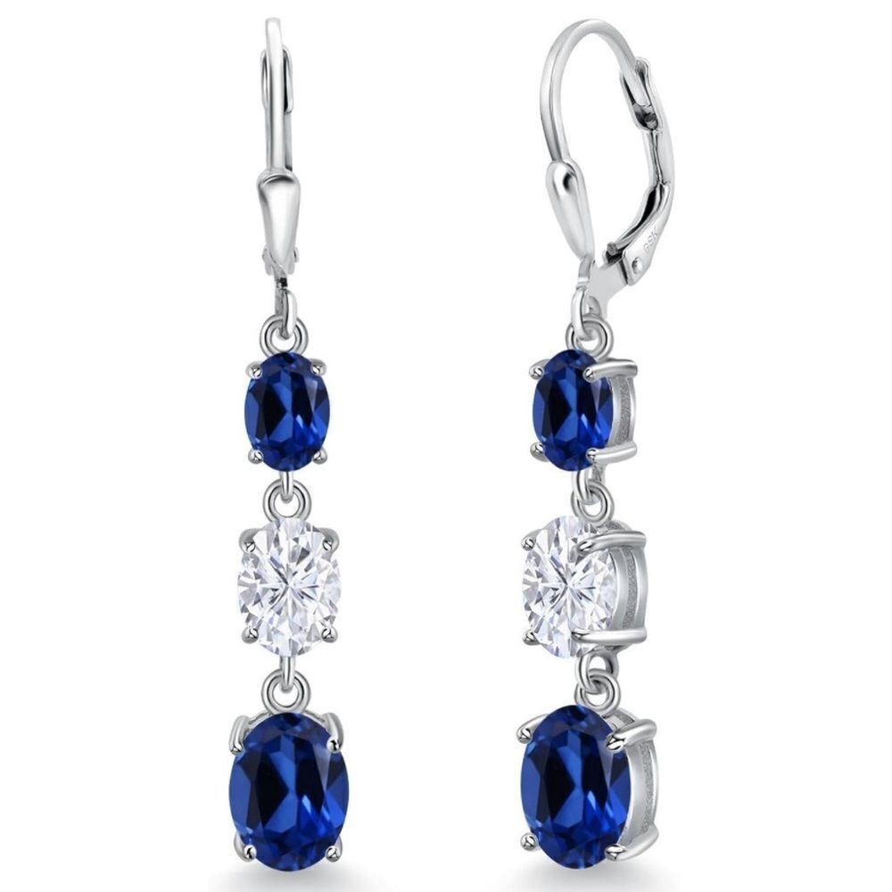 925 Sterling Silver with 6.20 Cttw 3 Stone Blue Sapphire and Moissanite Earrings